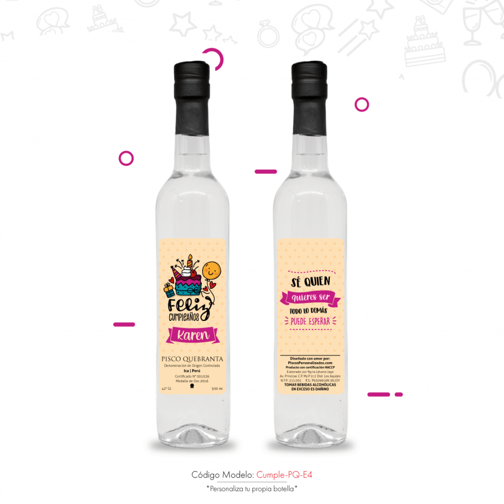 Botella de pisco personalizada de cumpleaños con globos y torta en Lima