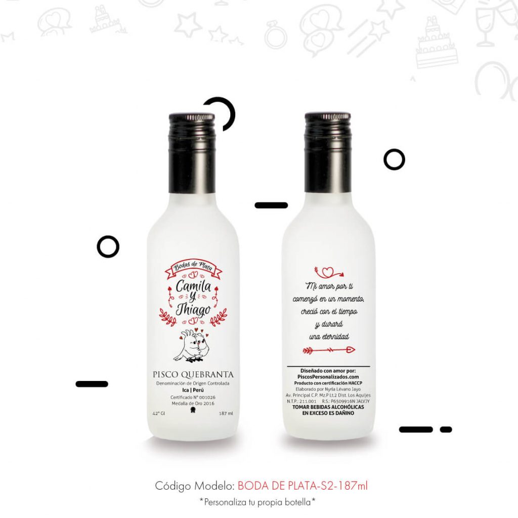 recuerdos personalizados Camila y Thiago, bodas de plata 187ml