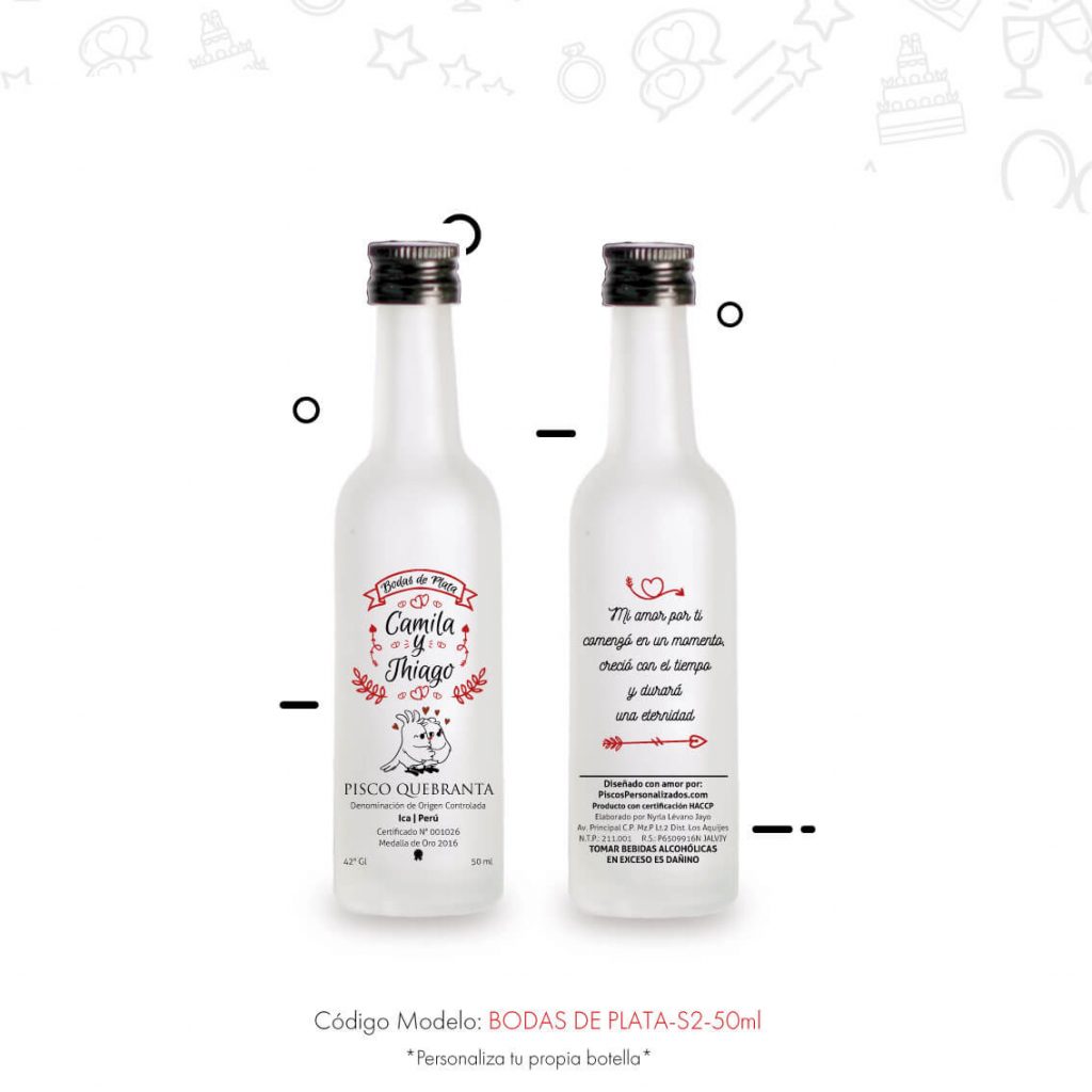 recuerdos personalizados Camila y Thiago, bodas de plata 50ml
