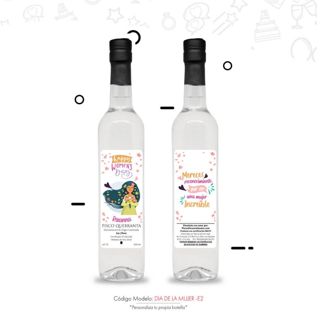 Botellas de Pisco personalziadas con etiqueta de dibujo y frase que dice ''feliz día de la mujer''