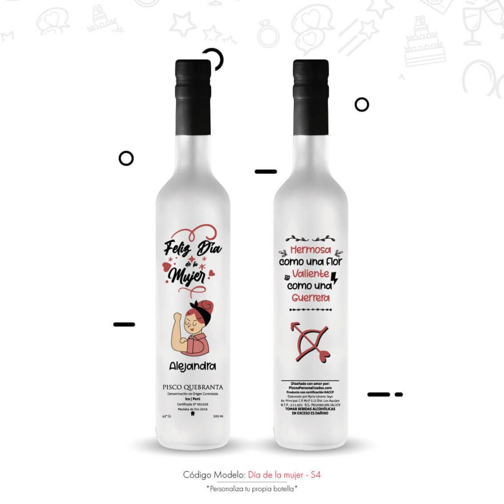 Botella de pisco personalizada con diseño de día de la mujer
