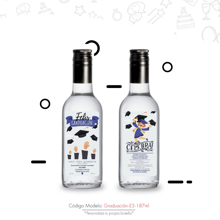 Mini botella de pisco con diseño de graduación
