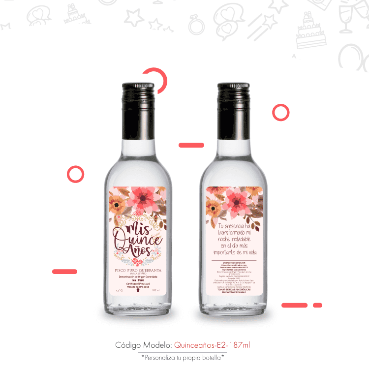 Botella de pisco pequeña con diseño de 15 años
