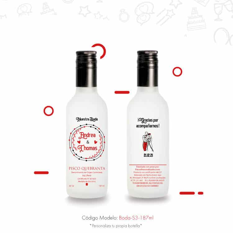 Botellas mini de pisco con diseño minimalista y dibujo de pareja de novios abrazándose