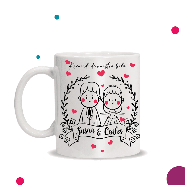 Taza con dibujo de pareja de novios feliz con corazones
