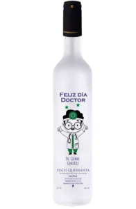 Pisco con dibujo de doctor y frase que dice ''feliz día doctor''