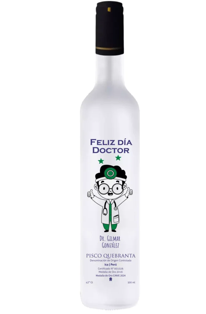 Pisco con dibujo de doctor y frase que dice ''feliz día doctor''