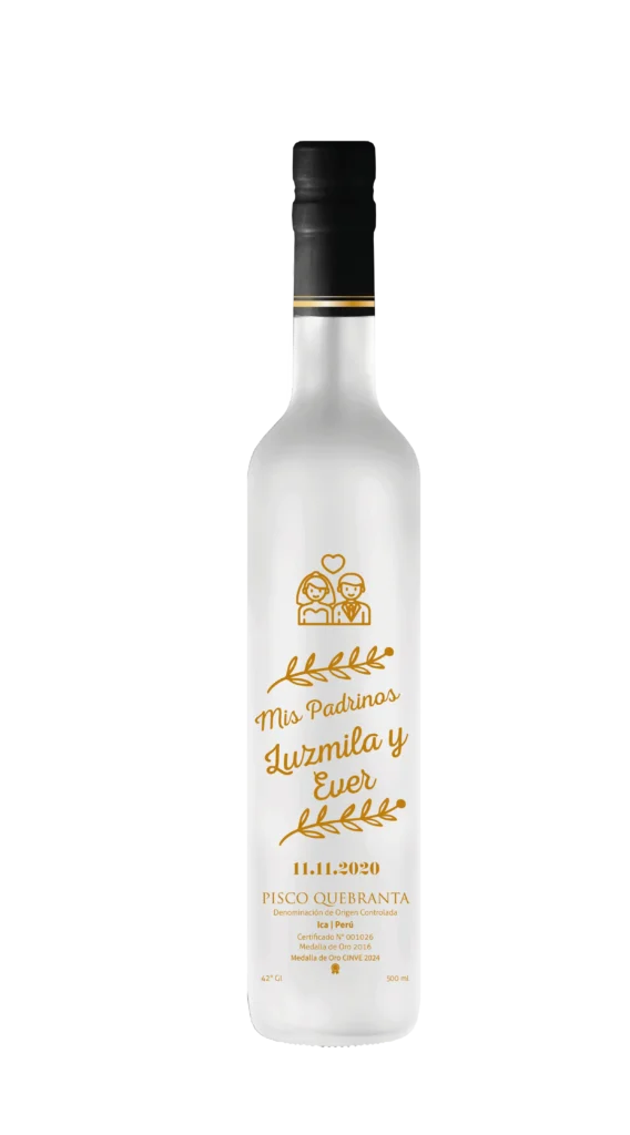 Botella de pisco grabada con diseño de padrinos de bodas