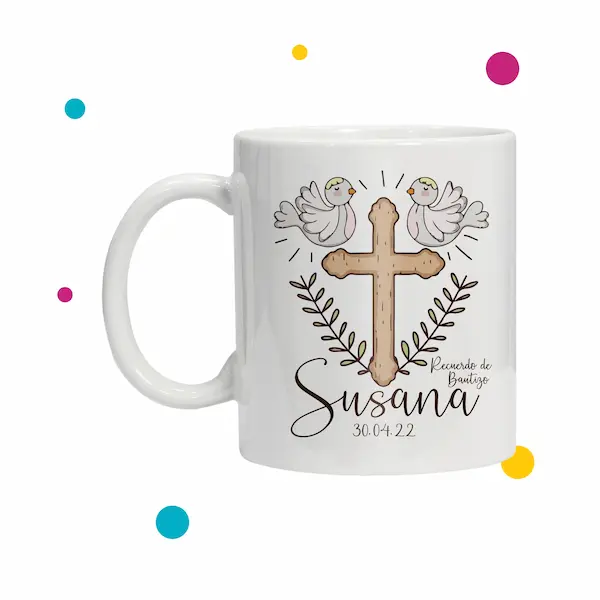 Taza de bautizo con diseño de cruz y palomas religiosas
