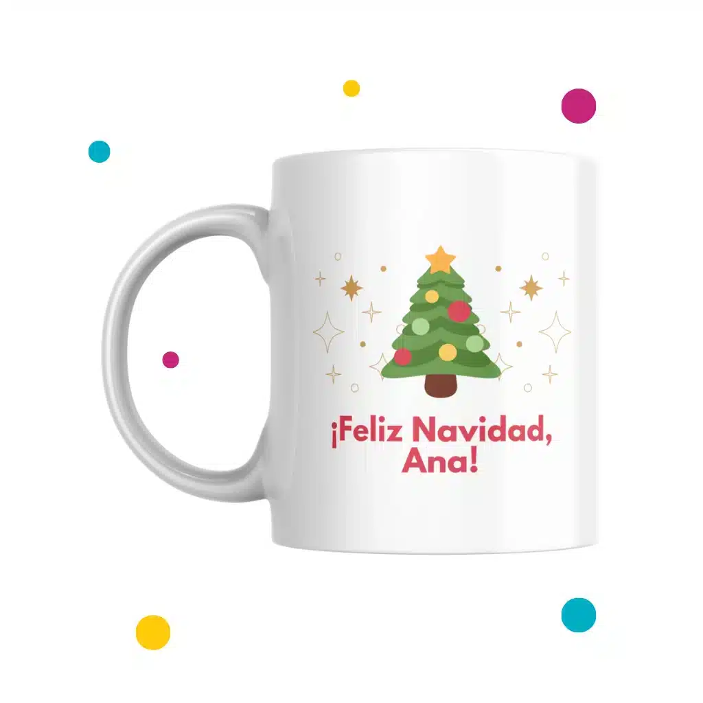 Tazas con diseño navideño con árbol y frase que dice ''feliz Navidad''.