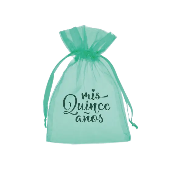 Linda bolsa de organza de color verde con diseño de quince años