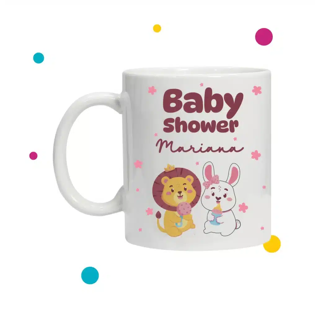 Linda taza de recuerdo para baby shower con diseño de león y conejito