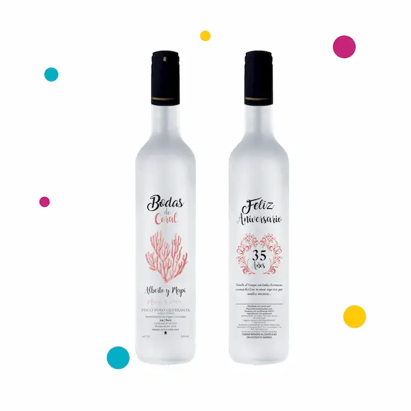 Botellas de pisco con diseño aniversario de bodas de bodas