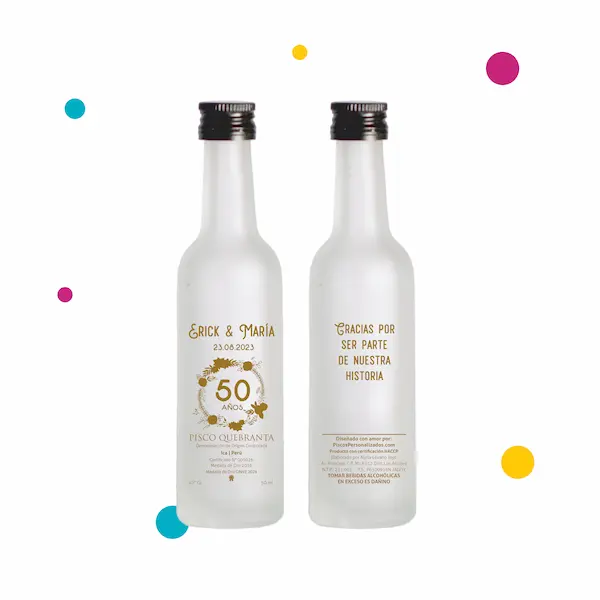Botellas de pisco personalizadas con diseño de aniversario de bodas